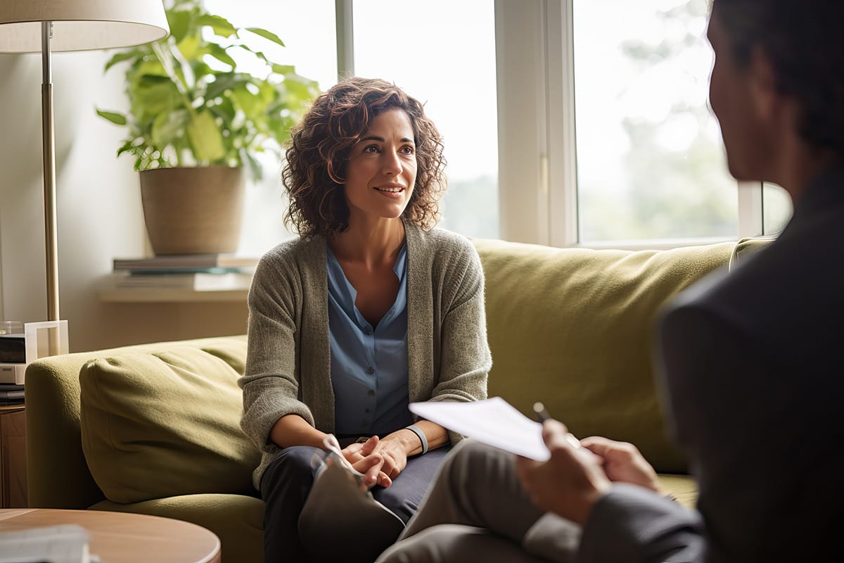Therapist talks to new patient as they begin therapy for women's issues